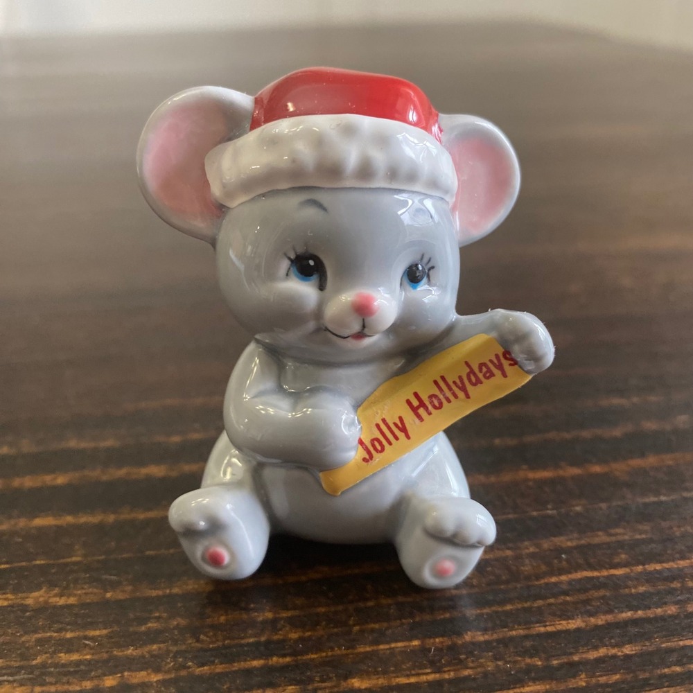 Vintage Russ Berrie Christmas‎ Mouse Figurine Jolly Hollydays Santa Hat